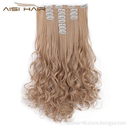 Aisi Hair Long Wavy Synthetic Hair Extensions 8 Pcs 18 Clips Full Head Heat Resistant Blonde Hair Extensions for Women